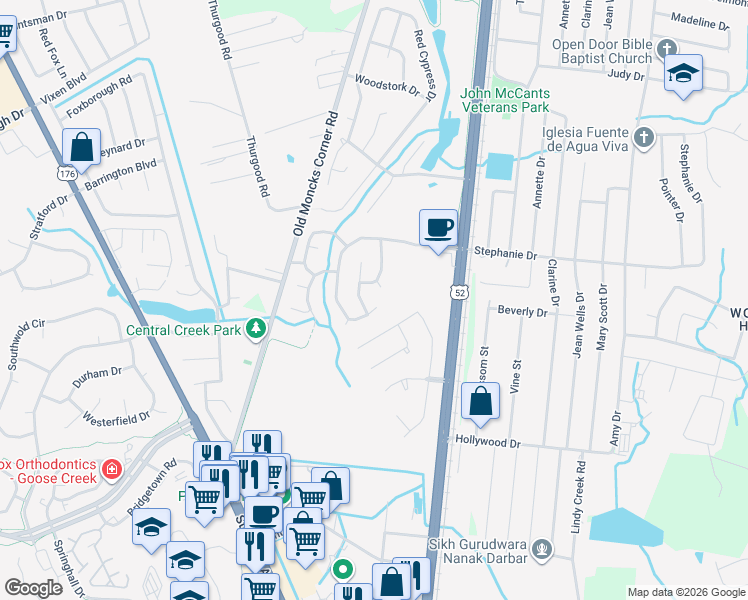 map of restaurants, bars, coffee shops, grocery stores, and more near 123 Windsor Mill Road in Goose Creek