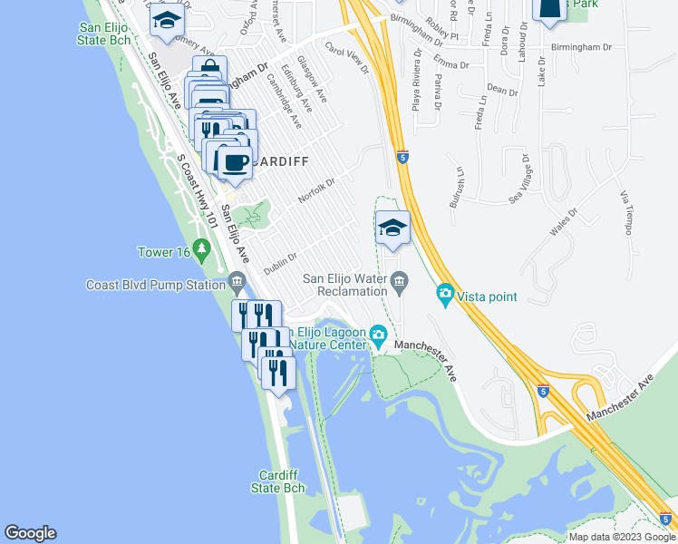 map of restaurants, bars, coffee shops, grocery stores, and more near 2480 Montgomery Avenue in Encinitas