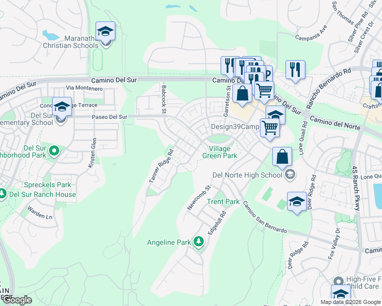 map of restaurants, bars, coffee shops, grocery stores, and more near 15841 Lesar Place in San Diego