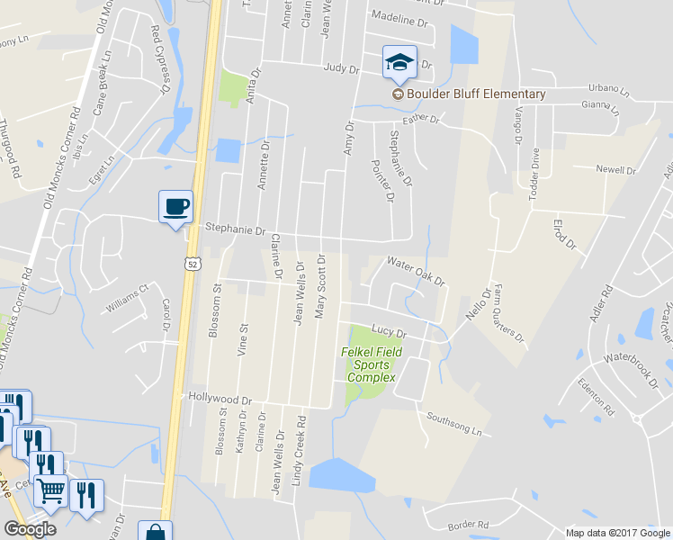 map of restaurants, bars, coffee shops, grocery stores, and more near 257 Amy Drive in Goose Creek