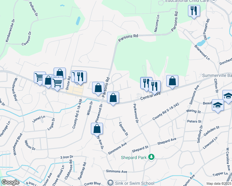 map of restaurants, bars, coffee shops, grocery stores, and more near 100 Pintail Drive in Summerville