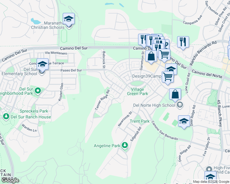 map of restaurants, bars, coffee shops, grocery stores, and more near 15841 Lesar Place in San Diego