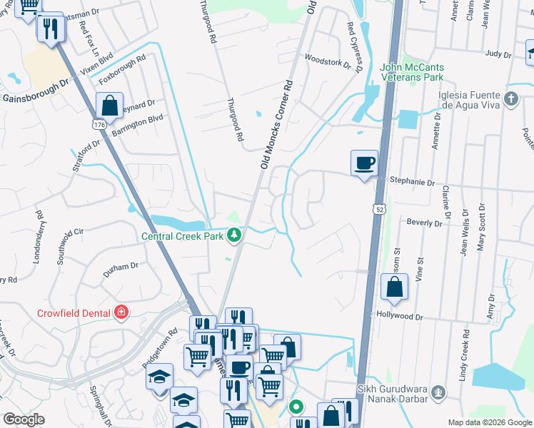 map of restaurants, bars, coffee shops, grocery stores, and more near 114 Turnbury Road in Goose Creek