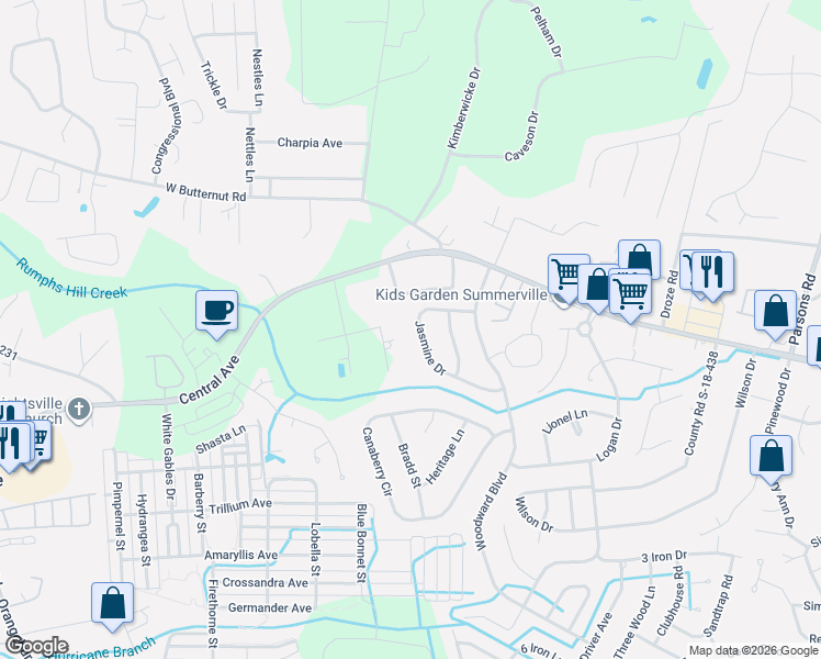 map of restaurants, bars, coffee shops, grocery stores, and more near 220 Jasmine Drive in Summerville