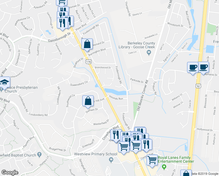 map of restaurants, bars, coffee shops, grocery stores, and more near 124 Brush Boulevard in Goose Creek