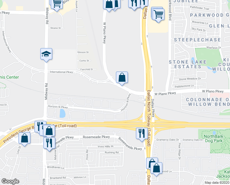 map of restaurants, bars, coffee shops, grocery stores, and more near 6100 West Plano Parkway in Plano