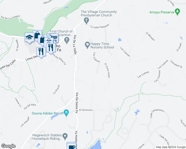 map of restaurants, bars, coffee shops, grocery stores, and more near 6455 Las Colinas in Rancho Santa Fe