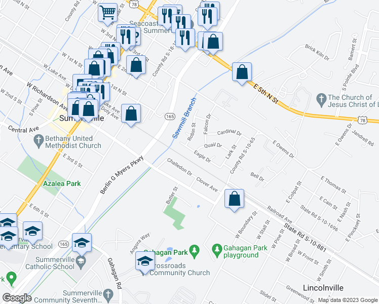 map of restaurants, bars, coffee shops, grocery stores, and more near 112 Eagle Drive in Summerville