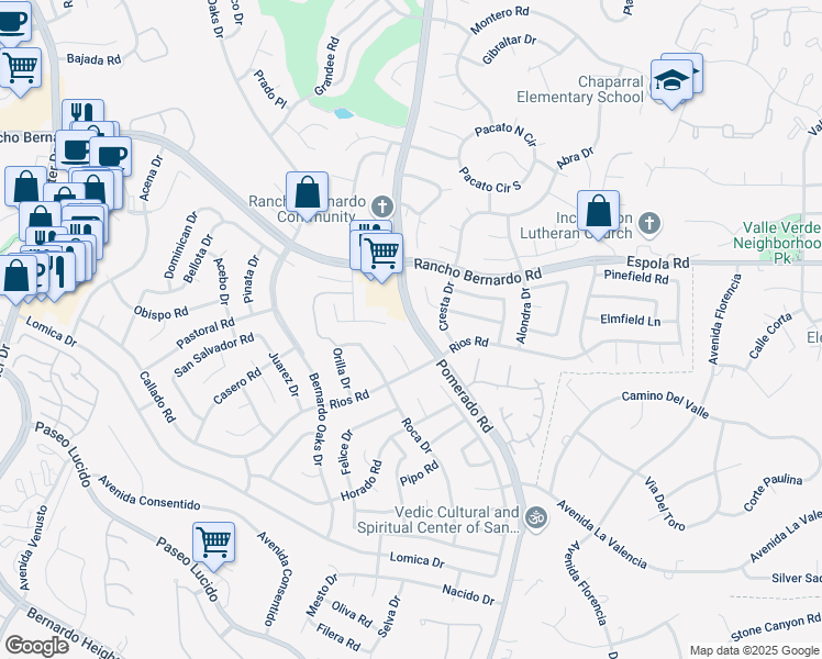 map of restaurants, bars, coffee shops, grocery stores, and more near 12463 Rios Road in San Diego
