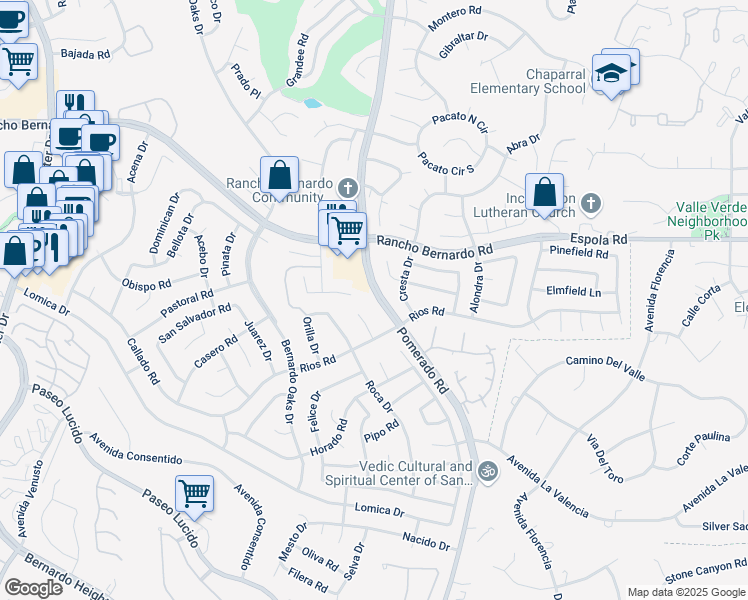 map of restaurants, bars, coffee shops, grocery stores, and more near 12479 Rios Road in San Diego