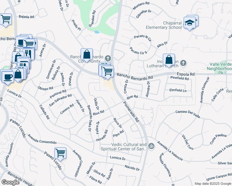 map of restaurants, bars, coffee shops, grocery stores, and more near 12491 Rios Road in San Diego