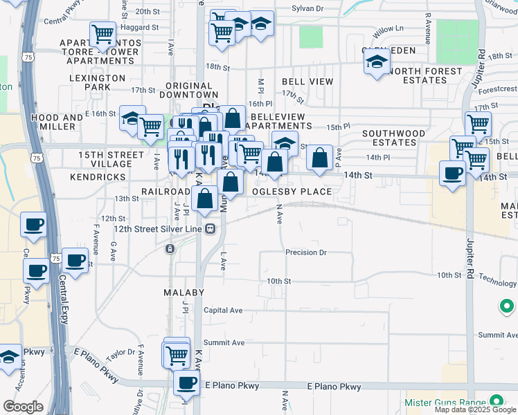 map of restaurants, bars, coffee shops, grocery stores, and more near 1302 13th Street in Plano