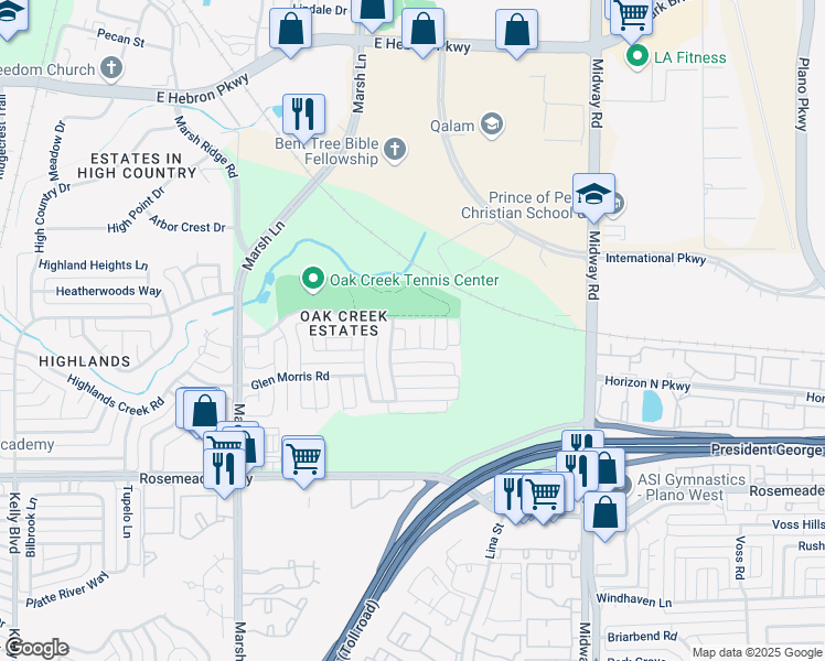 map of restaurants, bars, coffee shops, grocery stores, and more near 3809 Amberglow Court in Carrollton