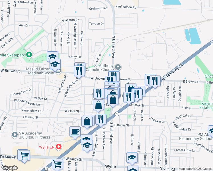 map of restaurants, bars, coffee shops, grocery stores, and more near 100 West Jefferson Street in Wylie