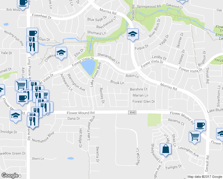 map of restaurants, bars, coffee shops, grocery stores, and more near 2205 Winslow Court in Flower Mound