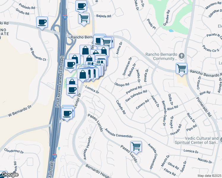 map of restaurants, bars, coffee shops, grocery stores, and more near 16716 Diego Drive in San Diego