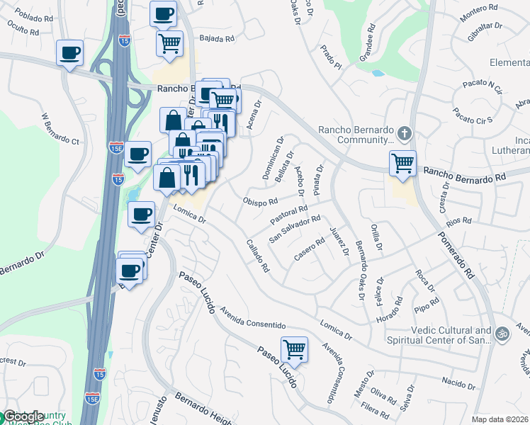 map of restaurants, bars, coffee shops, grocery stores, and more near 16740 Obispo Lane in San Diego