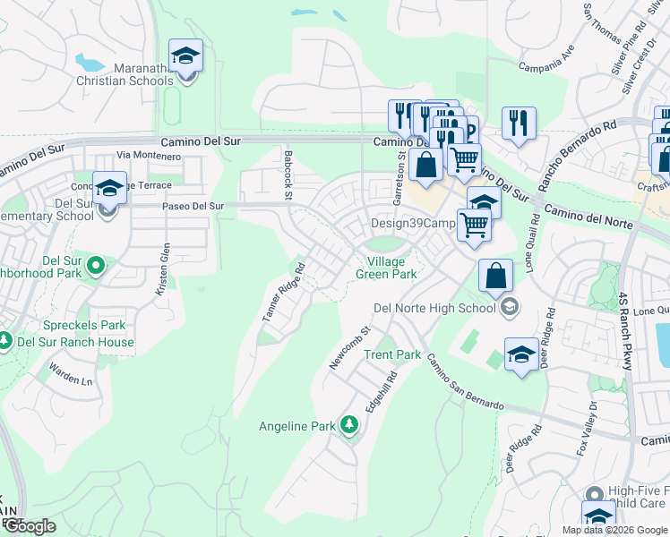 map of restaurants, bars, coffee shops, grocery stores, and more near 15841 Lesar Place in San Diego