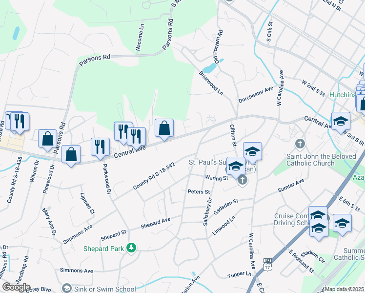 map of restaurants, bars, coffee shops, grocery stores, and more near 703 Central Avenue in Summerville