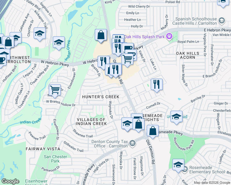 map of restaurants, bars, coffee shops, grocery stores, and more near 1004 Hackberry Court in Carrollton