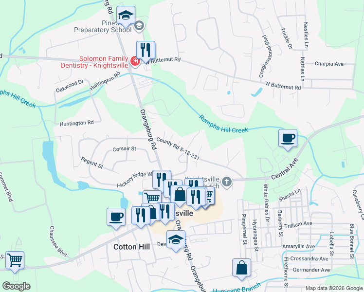 map of restaurants, bars, coffee shops, grocery stores, and more near 192 Old Parsonage Road in Summerville