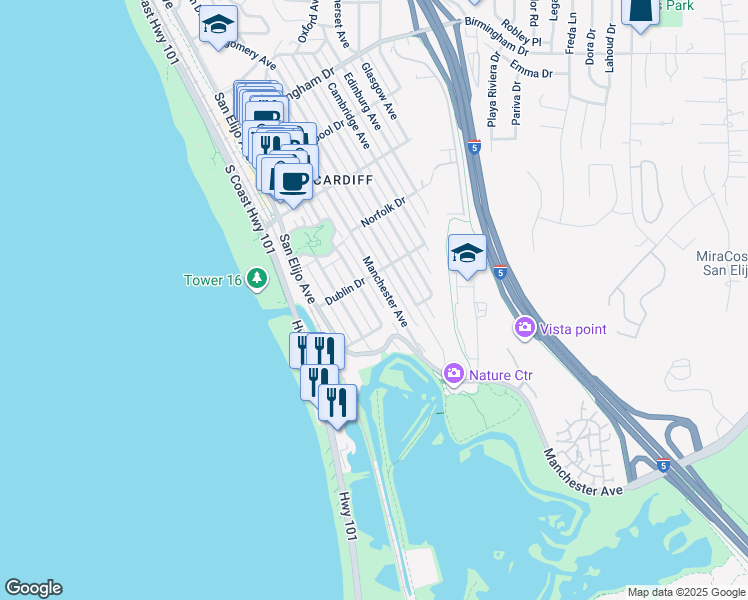 map of restaurants, bars, coffee shops, grocery stores, and more near 2445 Newcastle Avenue in Encinitas