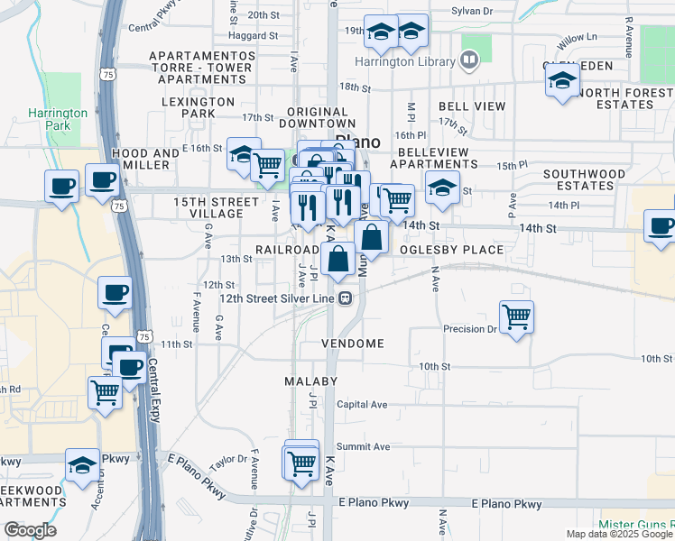 map of restaurants, bars, coffee shops, grocery stores, and more near 1208 K Avenue in Plano