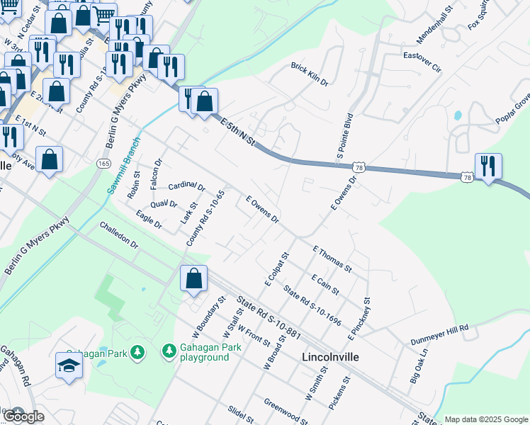 map of restaurants, bars, coffee shops, grocery stores, and more near 316 East Owens Drive in Lincolnville