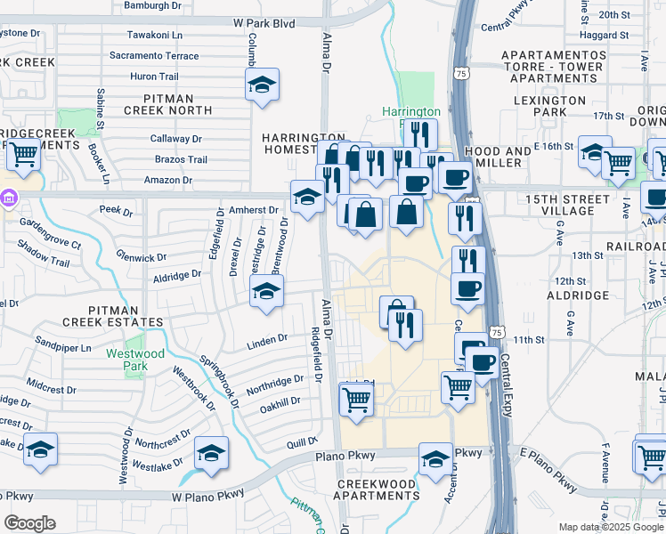map of restaurants, bars, coffee shops, grocery stores, and more near Collin Creek Mall in Plano