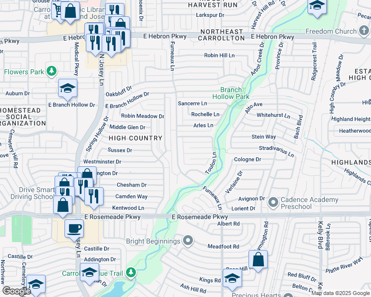 map of restaurants, bars, coffee shops, grocery stores, and more near 2011 Lyon Court in Carrollton