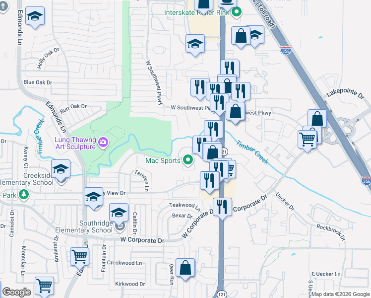 map of restaurants, bars, coffee shops, grocery stores, and more near 242 Barrington Lane in Lewisville
