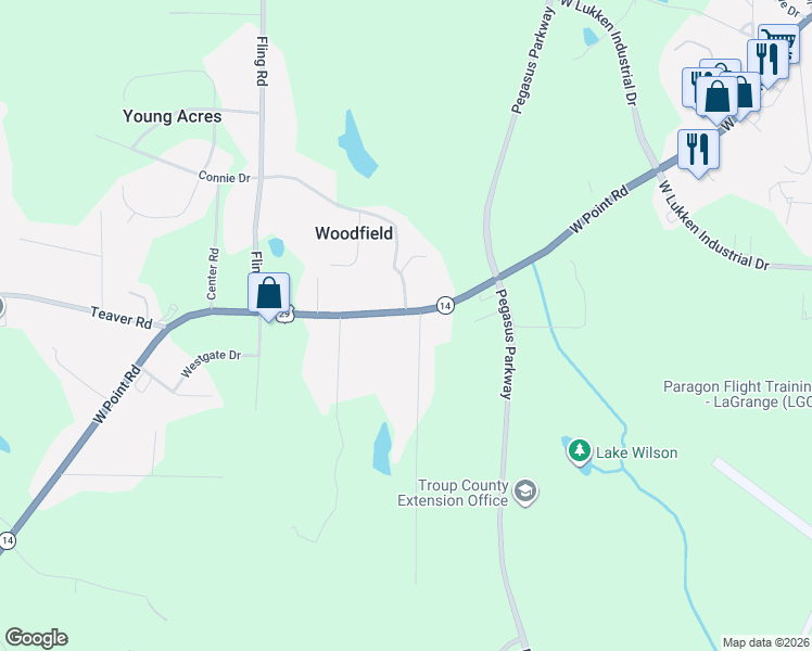 map of restaurants, bars, coffee shops, grocery stores, and more near 2683 West Point Road in LaGrange