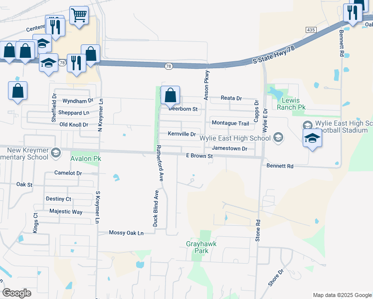 map of restaurants, bars, coffee shops, grocery stores, and more near 2802 Gold Hill Drive in Wylie
