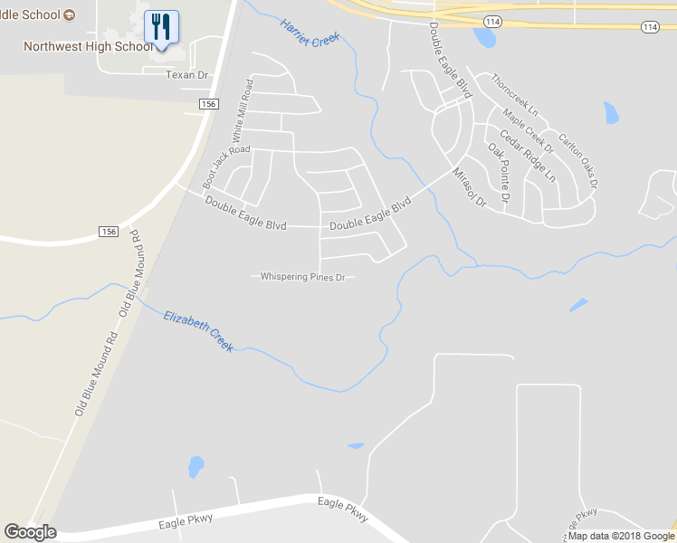 map of restaurants, bars, coffee shops, grocery stores, and more near 2517 Whispering Pines Drive in Fort Worth