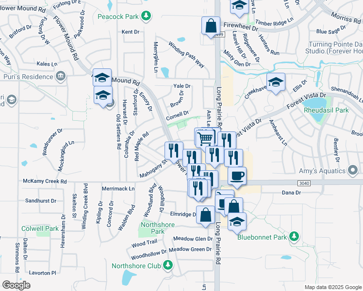 map of restaurants, bars, coffee shops, grocery stores, and more near 2917 Cypress Leaf Lane in Flower Mound