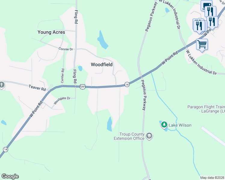 map of restaurants, bars, coffee shops, grocery stores, and more near 2683 West Point Road in LaGrange