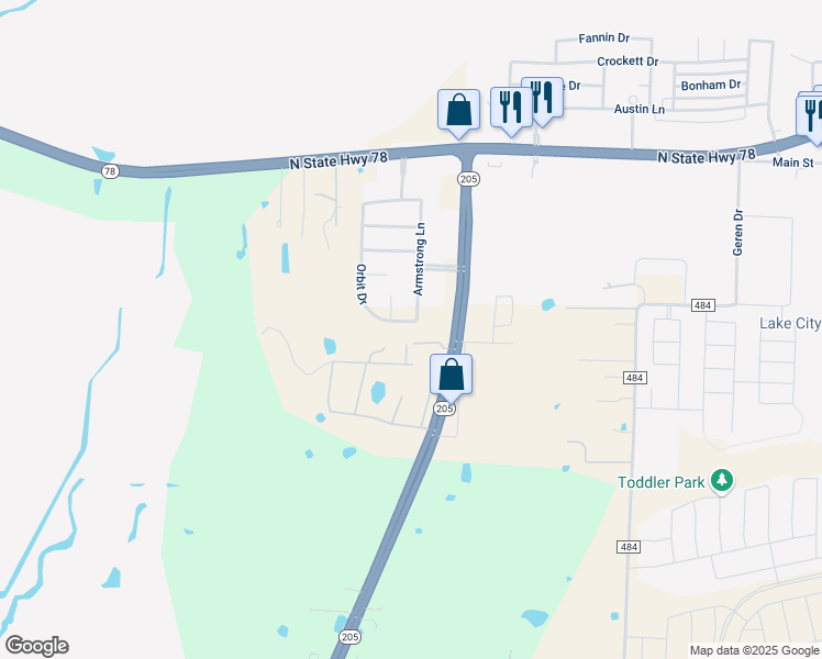 map of restaurants, bars, coffee shops, grocery stores, and more near 387 Orbit Drive in Lavon