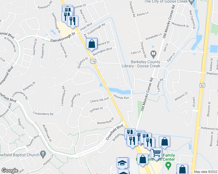 map of restaurants, bars, coffee shops, grocery stores, and more near 104 Brush Boulevard in Goose Creek