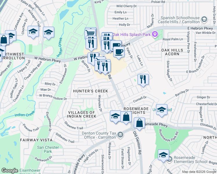 map of restaurants, bars, coffee shops, grocery stores, and more near 1004 Hackberry Court in Carrollton