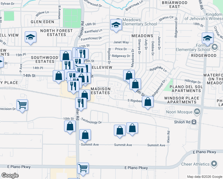 map of restaurants, bars, coffee shops, grocery stores, and more near 1366 Rigsbee Drive in Plano