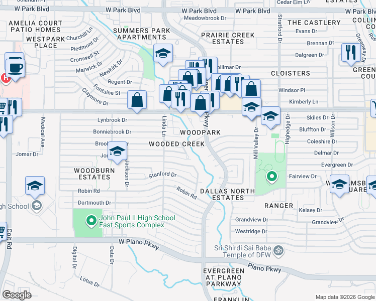 map of restaurants, bars, coffee shops, grocery stores, and more near 3011 Brookshire Drive in Plano