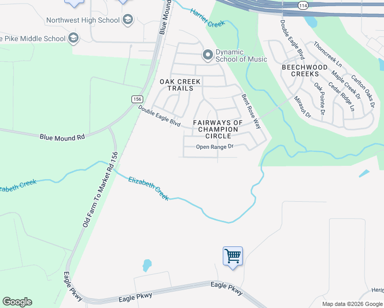 map of restaurants, bars, coffee shops, grocery stores, and more near 2413 Whispering Pines Drive in Fort Worth