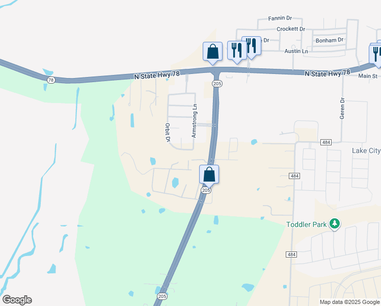 map of restaurants, bars, coffee shops, grocery stores, and more near 387 Orbit Drive in Lavon