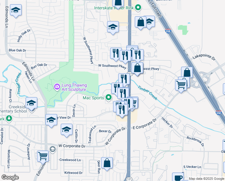 map of restaurants, bars, coffee shops, grocery stores, and more near 1935 Sherburne Street in Lewisville