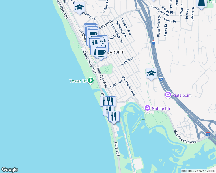 map of restaurants, bars, coffee shops, grocery stores, and more near 2375 San Elijo Avenue in Encinitas