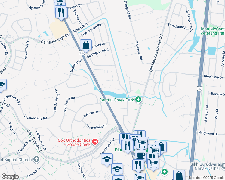 map of restaurants, bars, coffee shops, grocery stores, and more near 108 Longbow Lane in Goose Creek