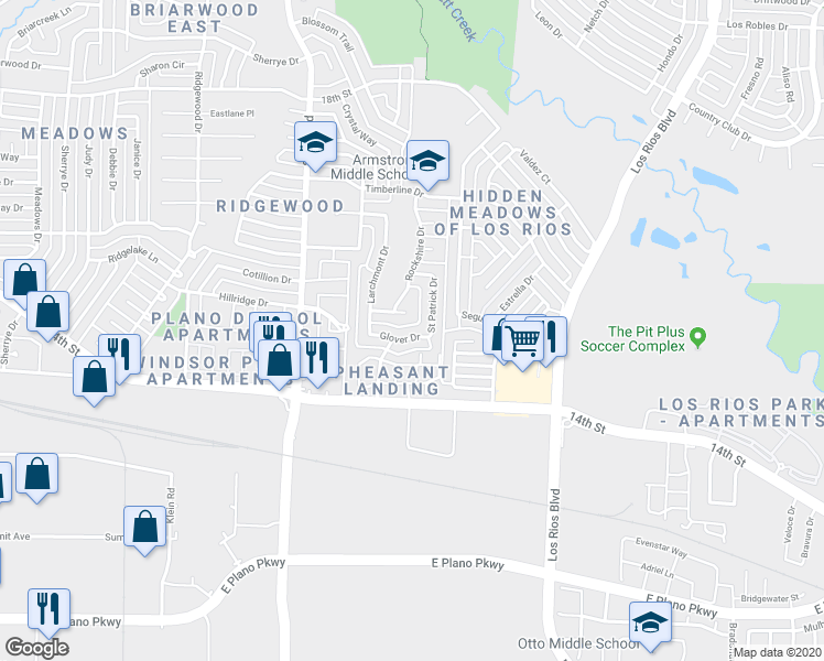 map of restaurants, bars, coffee shops, grocery stores, and more near 3809 Glover Drive in Plano