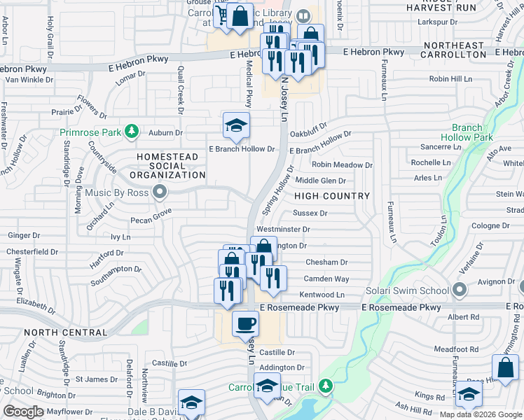 map of restaurants, bars, coffee shops, grocery stores, and more near 3809 Spring Hollow Drive in Carrollton