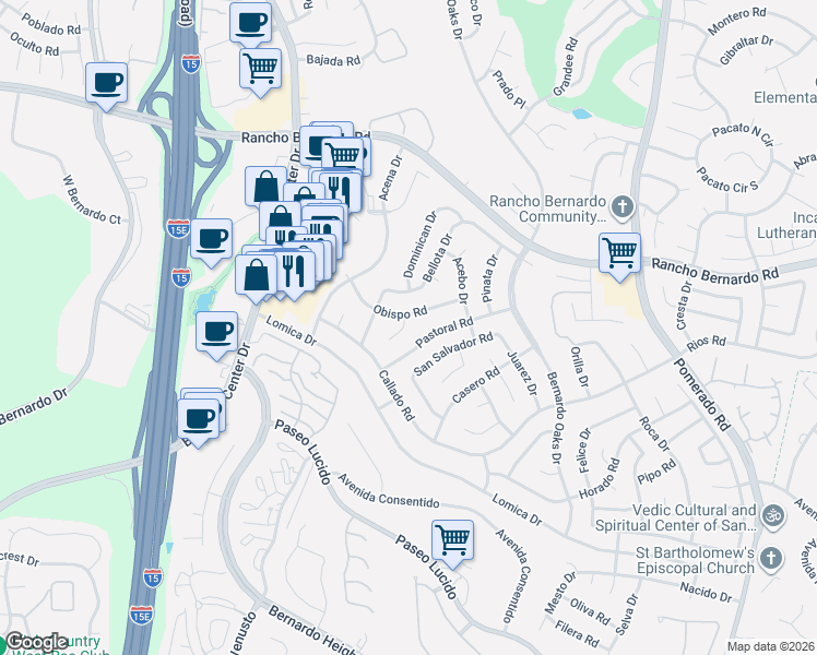 map of restaurants, bars, coffee shops, grocery stores, and more near 16740 Obispo Lane in San Diego
