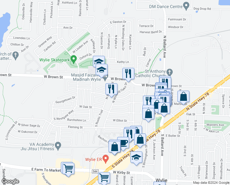map of restaurants, bars, coffee shops, grocery stores, and more near 207 North Winding Oaks Drive in Wylie